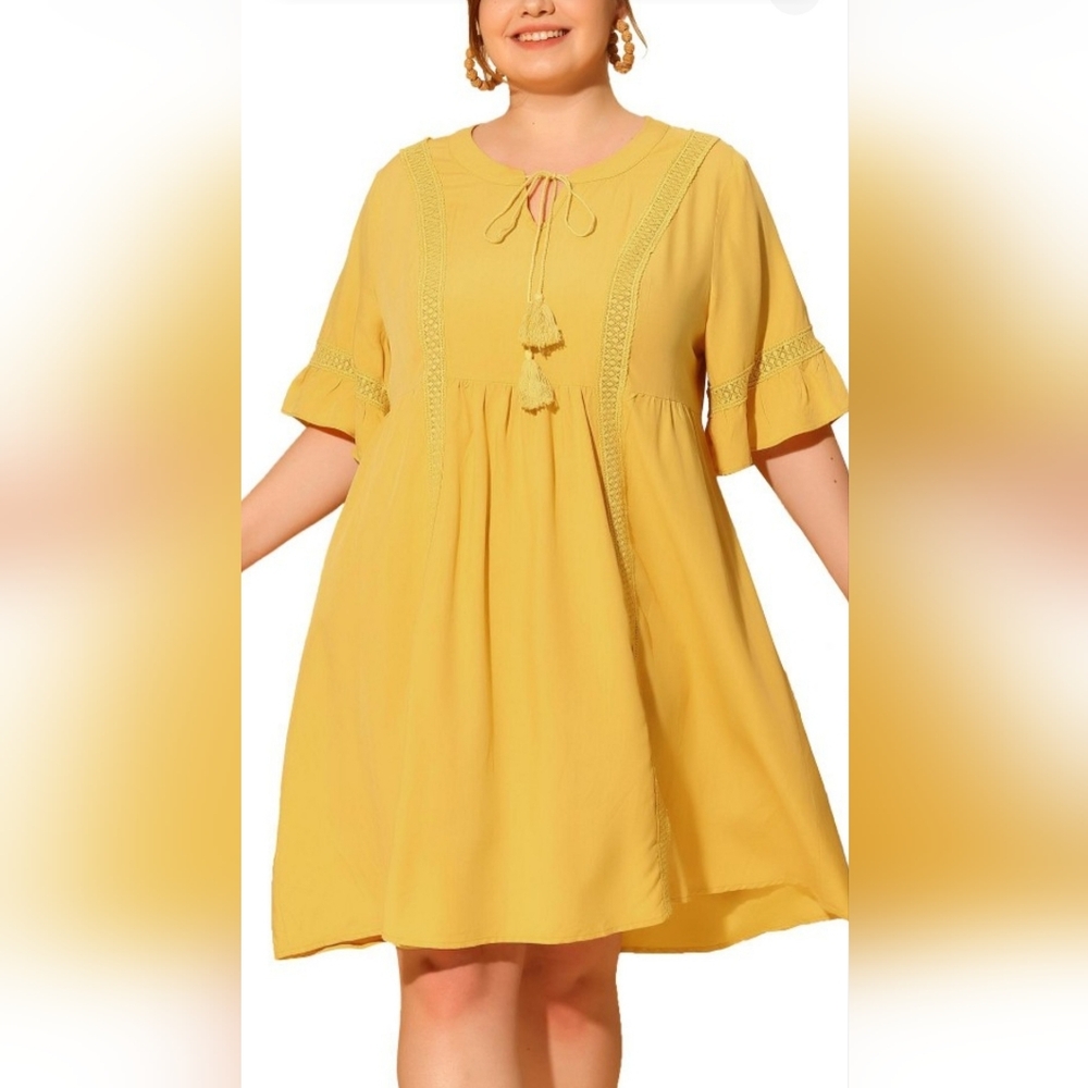 Yellow Midi Dress with Tassel Detail, Cottagecore, Boho, babydoll 2x Lightweight